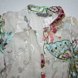 NWT C.C.C. Womens Sz L White Sheer Butterfly Silk Blend Blouse Button up New